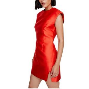 Nastygal Structured Satin Shoulder Pad Side Split Dress Red Designer NWT US 0